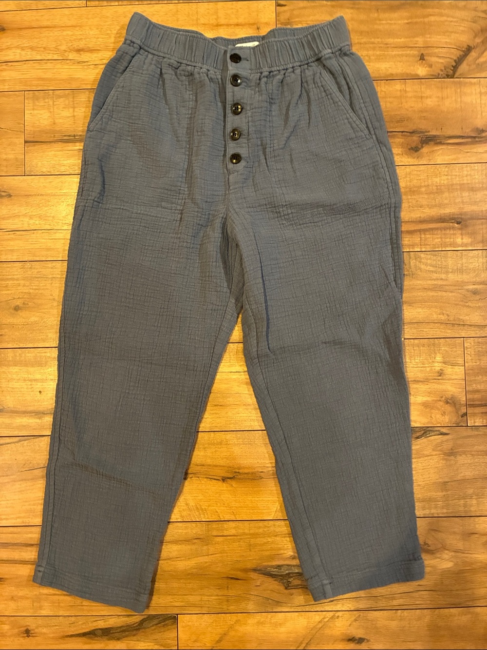 Madewell Slate Blue Button-Front Linen and Cotton Pants